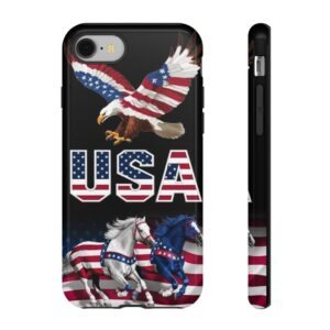 USA Patriotic Phone Case with American Eagle & Horses, Tough Cases, USA Phone Cover, Gift for Veterans, 4th of July, American Flag