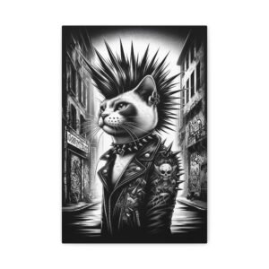 Punk Cat Wall Art Canvas - Edgy Black and White Decor, Cat Lover Gift, Alternative Home Decor, Unique Art for Cat Lovers, Gothic Art