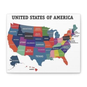 USA Map Canvas Print, Colorful Wall Art for Home Decor, Gift for Travelers, Educational Art, Perfect for Kids & Adults, Motivational Wall
