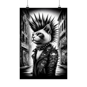 Punk Cat Art Print - Edgy Wall Decor, Cat Lovers Gift, Rockabilly Posters, Trendy Home Aesthetic, Unique Gift Idea